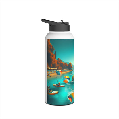 Elegant Fantasy Paddleboarding Stainless Steel Water Bottle featuring a vibrant beach scene with umbrellas and paddleboards, perfect for stylish hydration.