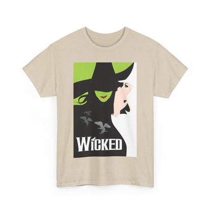 Front view of the Wicked Movie Logo Graphic Unisex T-Shirt - Premium Cotton Fashion Tee for Fans, displaying a striking design of the Wicked characters on a beige background.