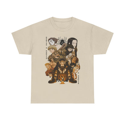 Elegant Phantom Troupe Hunter x Hunter graphic t-shirt featuring a stunning illustration of favourite characters in a unique artistic design.