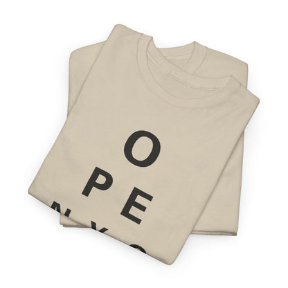 Optician chart Funny Gift Mens Womens Graphic T Shirt arranged elegantly, presenting the striking 'Open Your Eyes' eye chart design, perfect for casual yet chic ensembles.