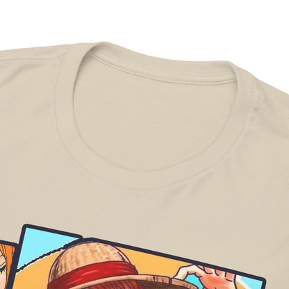 Close-up detail of soft fabric and neckline of a luxurious One Piece T-shirt, emphasizing quality craftsmanship and vibrant anime art.