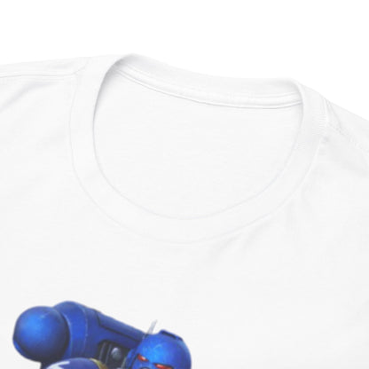 Close-up view of the neck and shoulder area of a luxury white t-shirt, showcasing the intricate blue-armoured Space Marine graphic for a touch of whimsical style.