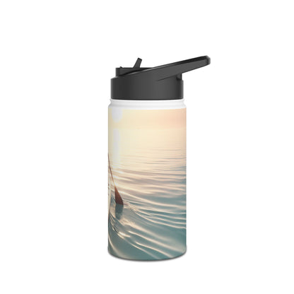Fantasy Paddleboarding Stainless Steel Water Bottle showcasing a paddler's silhouette against a calming sunrise on glassy water.