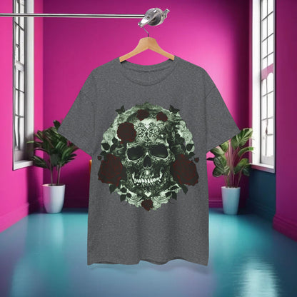 The Skulls and Roses Cotton Tee elegantly displayed in a vibrant interior, accentuating its striking skull and rose design, ideal for alternative fashion enthusiasts.