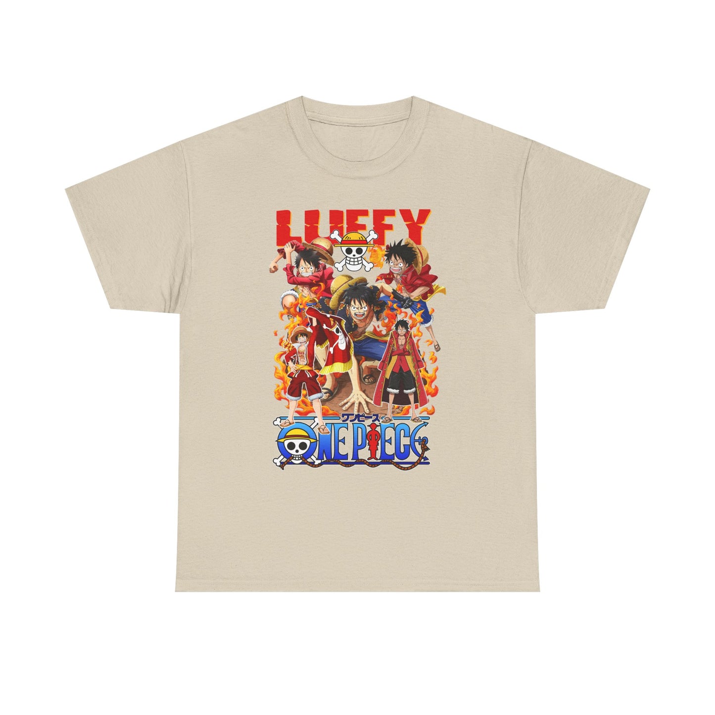 Luxury Epic 1 Piece Men's T-Shirt in sand colour exhibiting a striking anime graphic of beloved characters, ideal for a stylish and adventurous wardrobe.