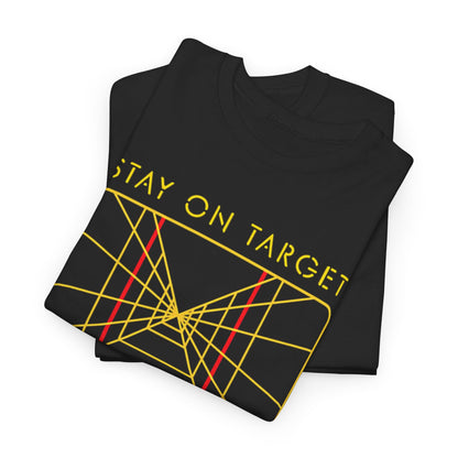 Chic Stay On Target Star Wars graphic T-shirt folded neatly, highlighting its unique design with a vibrant targeting reticle and stylish branding.