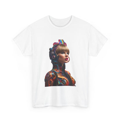 Front view of the Swifties psychedelic Taylor Swift Heavy Cotton Tee in white, featuring a vibrant psychedelic design of Taylor Swift, perfect for fans.