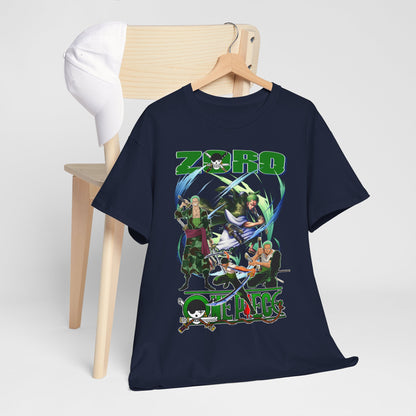 Navy blue One Piece graphic tee displayed on a wooden chair, featuring vibrant prints of Zoro and comrades, perfect for casual chic style.