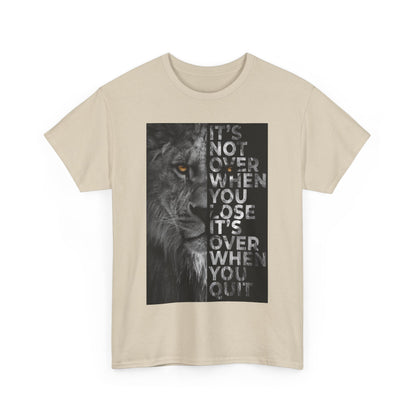 Stylish It´s Not Over Graphic Unisex T Shirt showcasing a fierce lion and an empowering message, ideal for those who embrace perseverance in their attire.