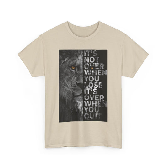 Stylish It´s Not Over Graphic Unisex T Shirt showcasing a fierce lion and an empowering message, ideal for those who embrace perseverance in their attire.