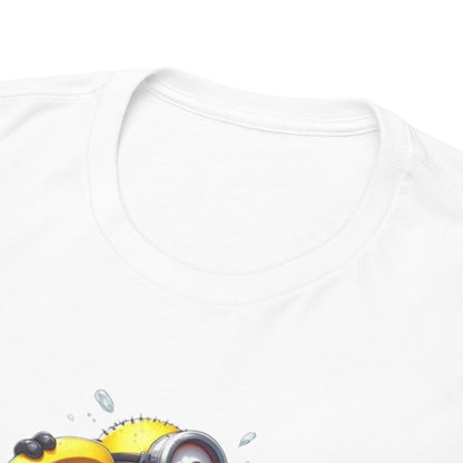 Close-up of the collar of the Mens Funny T-Shirt: Minions Banana Splash, highlighting the quality fabric with a cheerful Minions graphic. T Shirt, Funny, Minions.