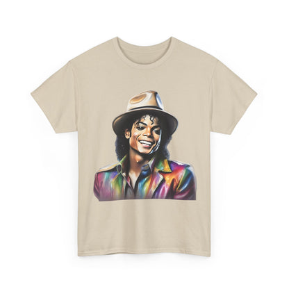 Front view of the Michael Jackson Portrait Graphic Unisex T-Shirt, featuring a vibrant graphic of Michael Jackson in a multicoloured jacket and fedora, a luxurious art tee celebrating the King of Pop.