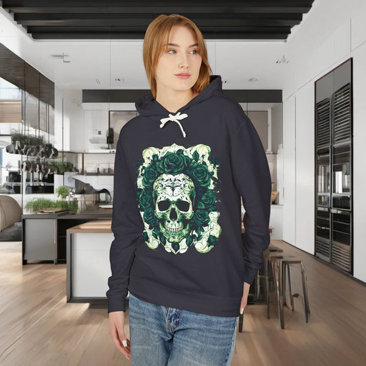 Unisex Lightweight Hooded Sweatshirt showcasing a distinctive skull and roses graphic, model pictured in a contemporary kitchen environment.