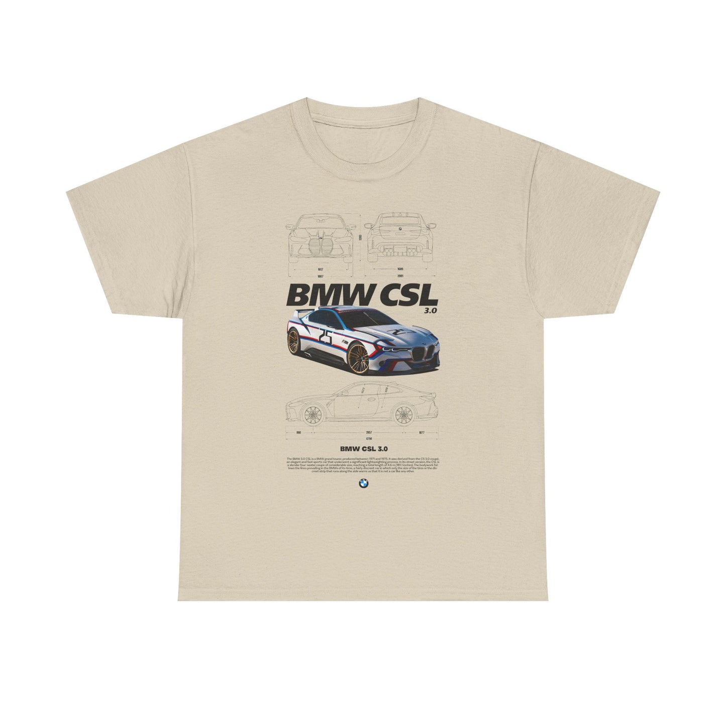 Elegant men's cream T-shirt displaying a captivating BMW CSL 3.0 race car graphic, highlighting intricate car schematics and vibrant design—an exquisite choice for automotive fashion.