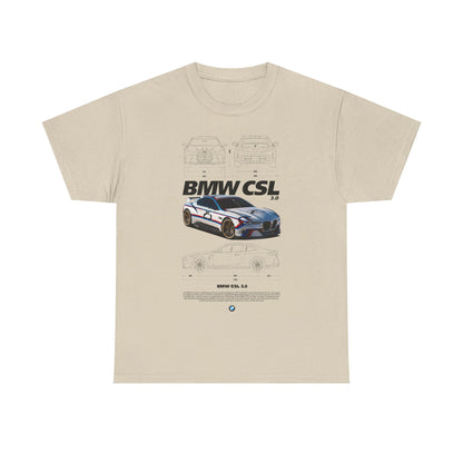 Elegant men's cream T-shirt displaying a captivating BMW CSL 3.0 race car graphic, highlighting intricate car schematics and vibrant design—an exquisite choice for automotive fashion.