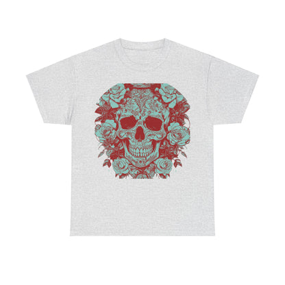 Close-up of the Skulls and Roses Cotton Tee showcasing the intricate graphic design of a skull surrounded by roses.