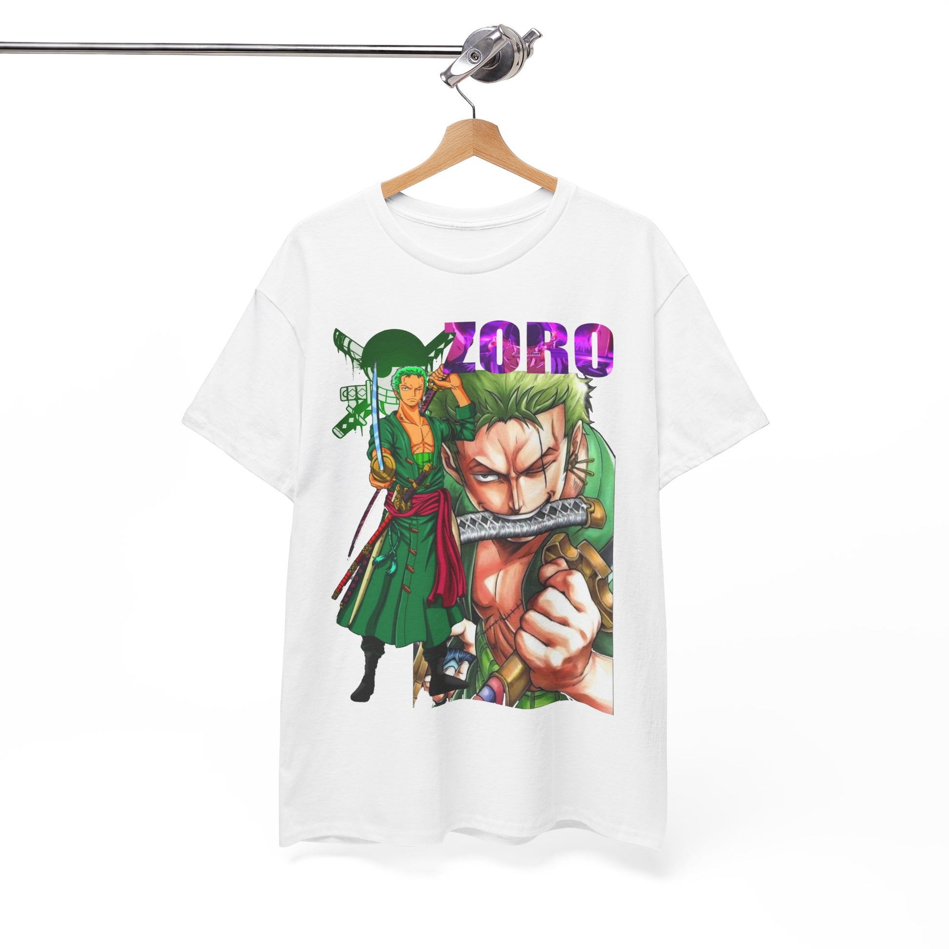 Sophisticated hanging image of a Roronoa Zoro t-shirt, featuring dynamic artwork and vibrant colours, ideal for elevating any wardrobe.