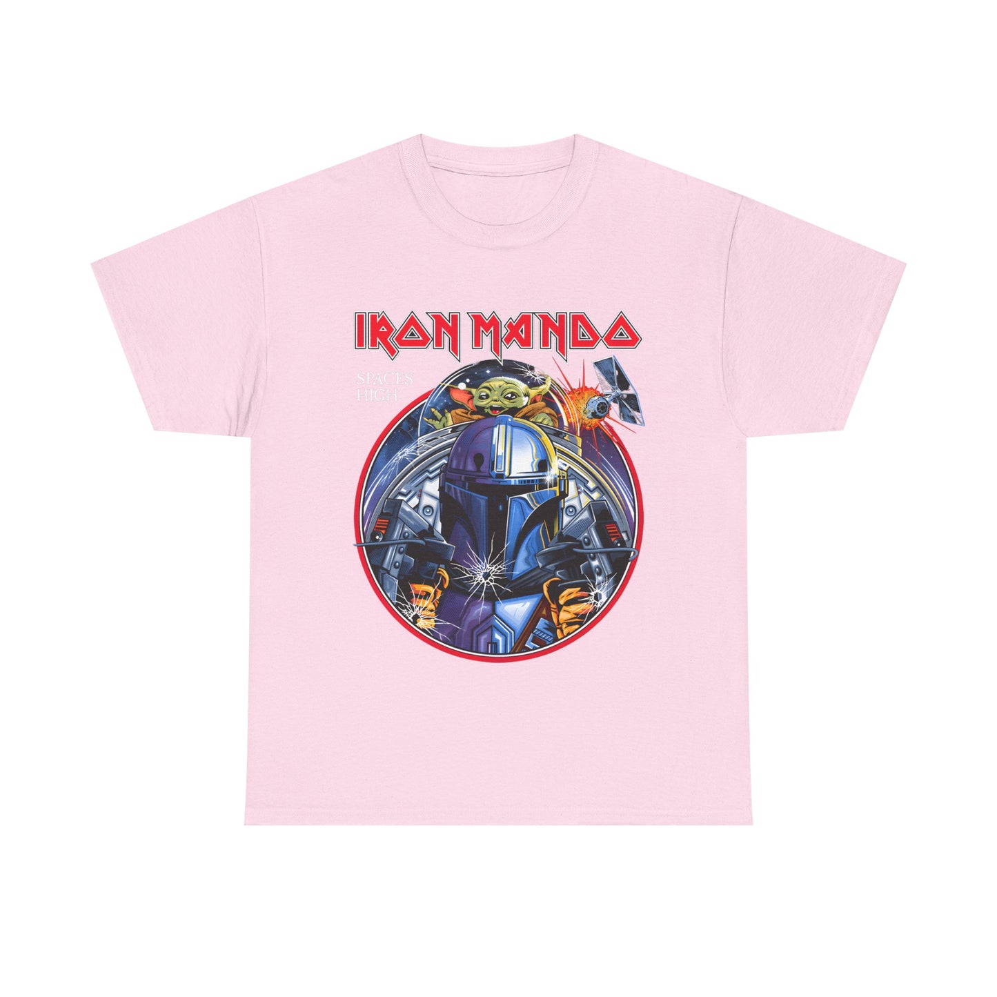 Model wearing the Iron Mando Star Wars Graphic Unisex Tee, illustrating the luxurious design and unique galactic theme, perfect for cosplay events or casual outings.