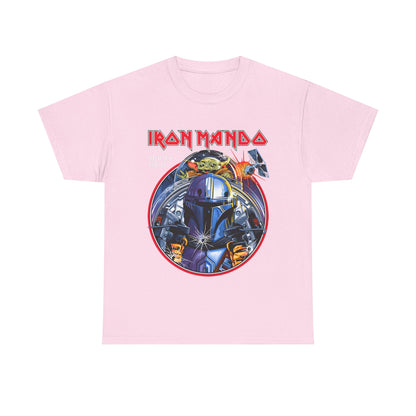 Model wearing the Iron Mando Star Wars Graphic Unisex Tee, illustrating the luxurious design and unique galactic theme, perfect for cosplay events or casual outings.