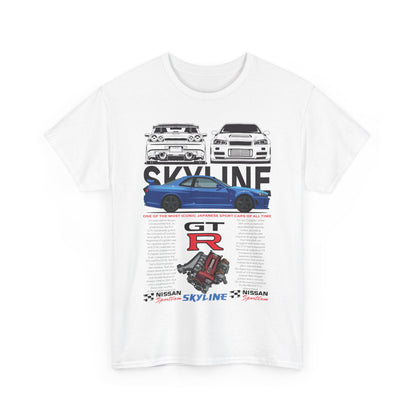 Sophisticated Nissan Skyline GT-R T-shirt in white, displaying an artistic representation of legendary Skyline models, combining automotive passion with fashion.