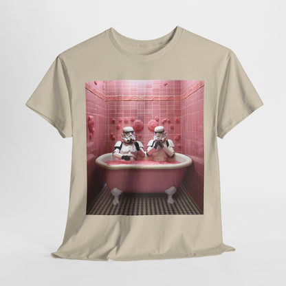 Stylish men's t-shirt presenting an imaginative graphic of Stormtroopers immersed in a pink bathtub, epitomising a playful and luxurious fashion statement.