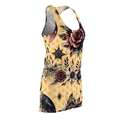Side view of the Chic Women's Designer Racerback Dress showcasing its stunning flower and star patterns, ideal for stylish summer gatherings.