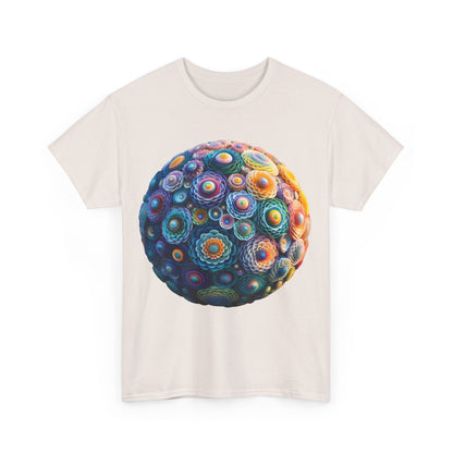 Front view of the Iridescent Floral Sphere Unisex Cotton Tee in a soft hue, presenting the striking floral sphere design.