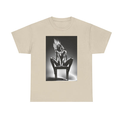 Stylish unisex classic fit t-shirt showcasing captivating monochromatic design of a confident figure, elegantly posed and exuding a charm that elevates everyday fashion.