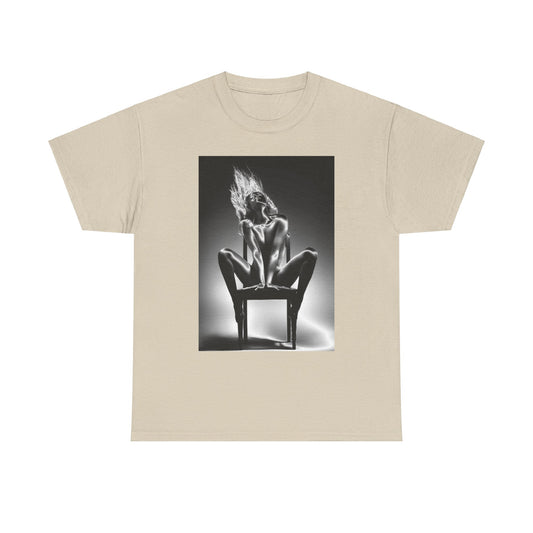 Stylish unisex classic fit t-shirt showcasing captivating monochromatic design of a confident figure, elegantly posed and exuding a charm that elevates everyday fashion.