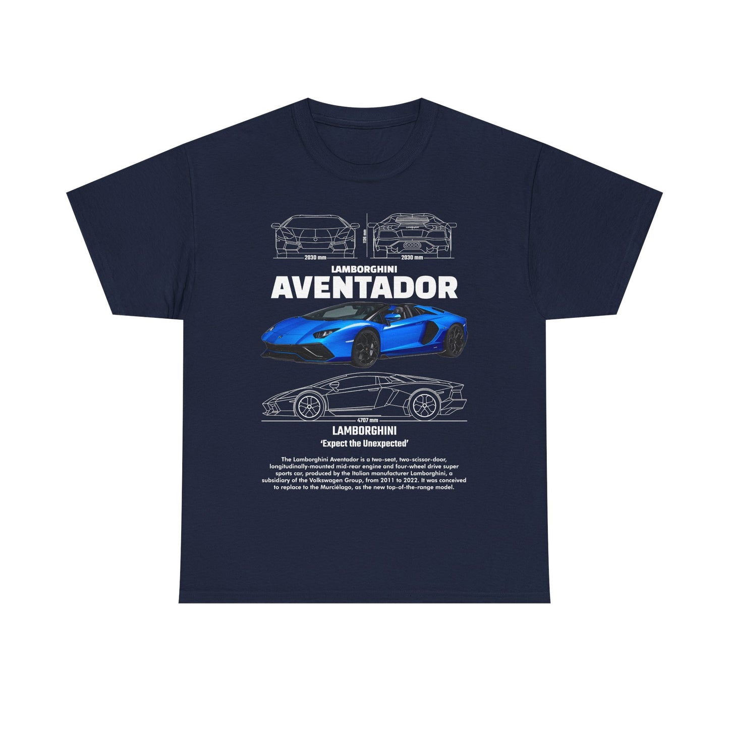 Stylish navy Lamborghini Aventador graphic t-shirt illustrating a stunning blue sports car with intricate line drawings and specifications, ideal for car lovers and casual wear.