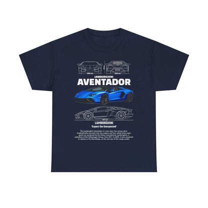Stylish navy Lamborghini Aventador graphic t-shirt illustrating a stunning blue sports car with intricate line drawings and specifications, ideal for car lovers and casual wear.