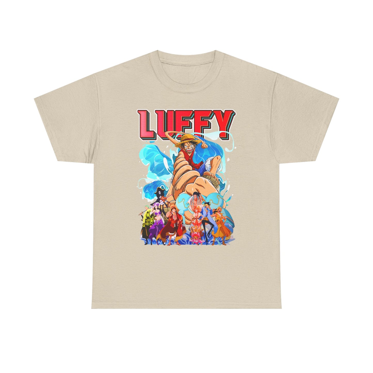 Chic beige men's graphic t-shirt displaying a captivating design of Luffy surrounded by fellow adventurers, offering a unique blend of comfort and high-fashion appeal.