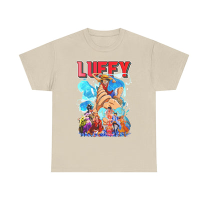 Chic beige men's graphic t-shirt displaying a captivating design of Luffy surrounded by fellow adventurers, offering a unique blend of comfort and high-fashion appeal.