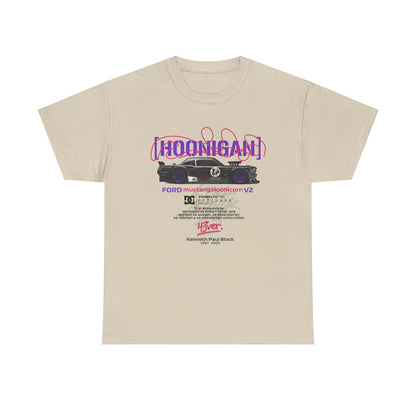 Chic beige Ford Mustang Hoonicon V2 graphic tee displaying an impressive design of the legendary Hoonicorn car, complemented by eye-catching typography, perfect for discerning automotive lovers.
