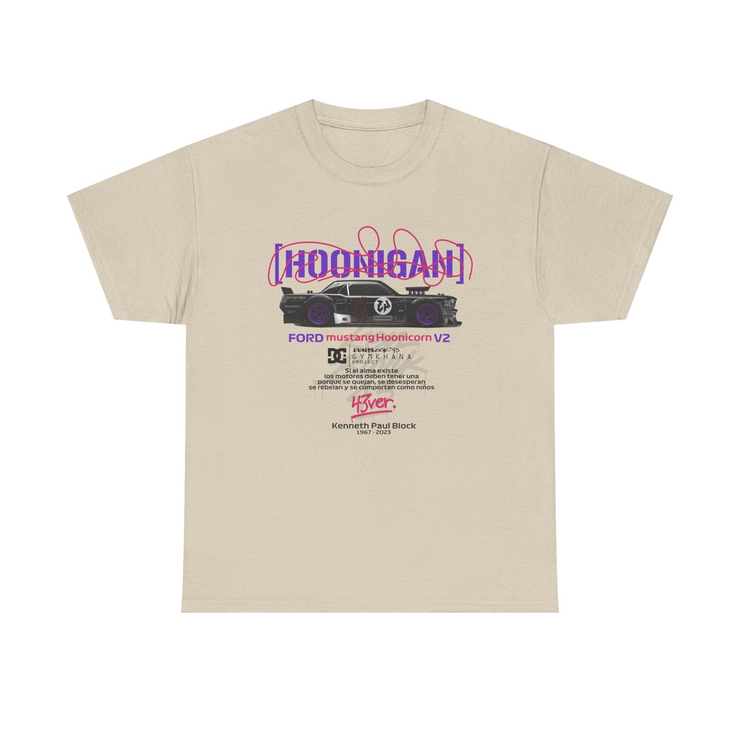 Chic beige Ford Mustang Hoonicon V2 t-shirt displaying a sophisticated graphic of a black drift car and artistic purple lettering, designed for discerning car lovers.