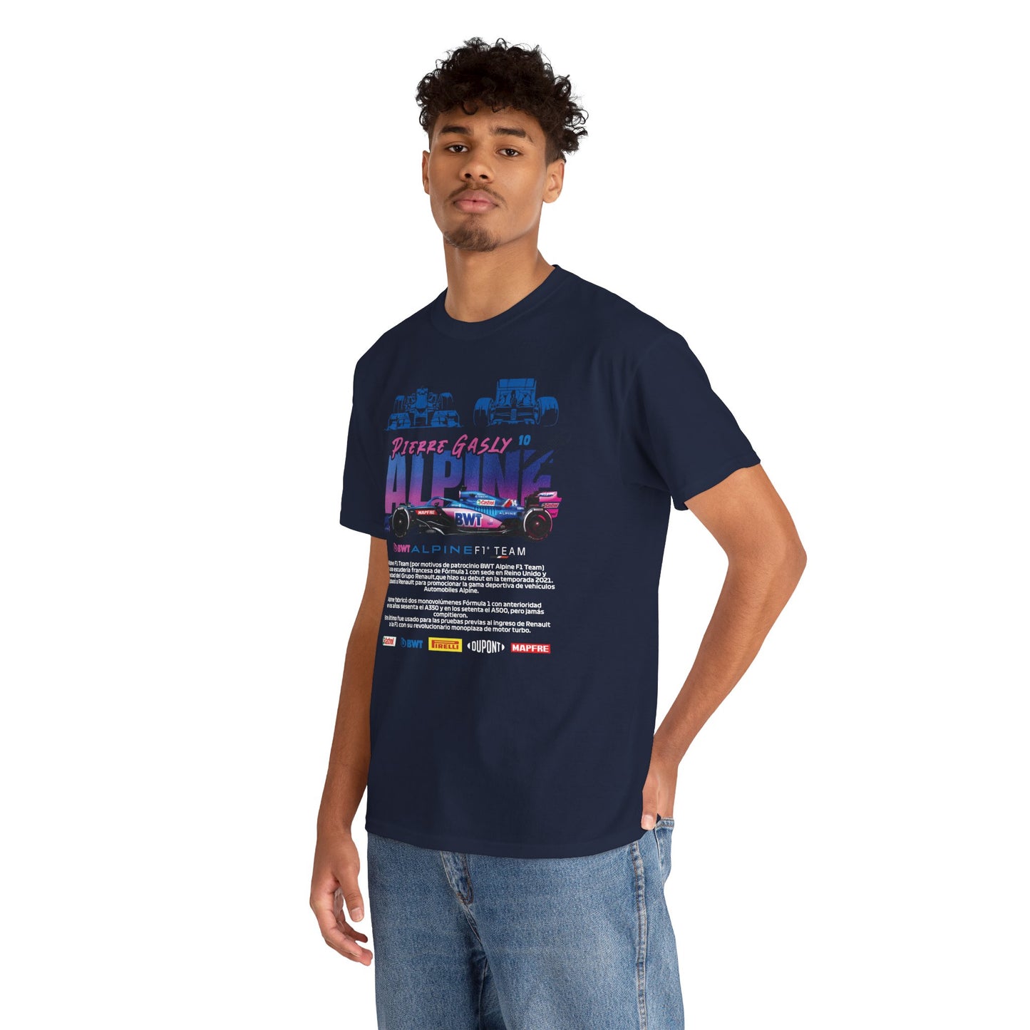 A stylish model wearing the Alpine F1 Team Men's T-shirt, featuring vibrant graphics and logos that celebrate the heritage of motorsport.