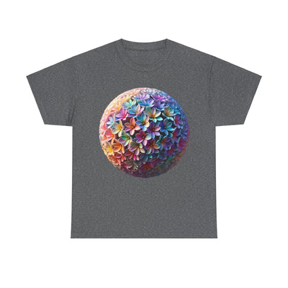 Iridescent Floral Sphere Unisex Cotton Tee Graphic T Shirt featuring a brilliant floral sphere artwork, designed to make a statement on a dark grey backdrop.