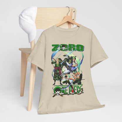 Stylish One Piece t-shirt elegantly displayed on a wooden chair alongside a cap, showcasing vibrant graphics of Zoro and fellow characters.