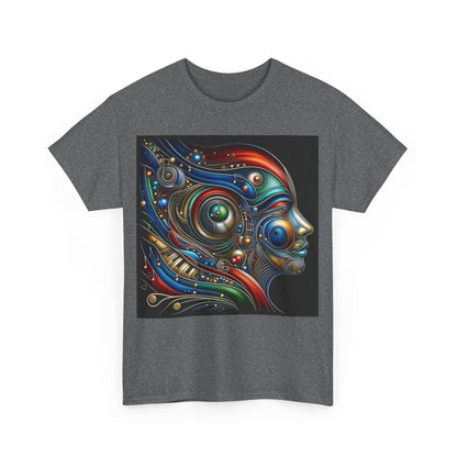 Artistic front view of the Stained Glass Dreams Unisex T-Shirt, featuring a vibrant abstract portrait design that blends geometric and cultural elements.