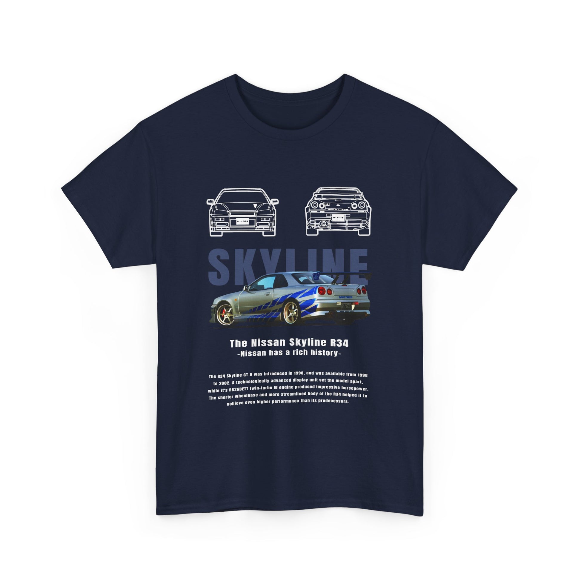 Men's luxury t-shirt featuring the iconic Nissan Skyline R34 design, showcasing vivid graphics and bold typography, perfect for car enthusiasts and a stylish addition to any wardrobe.