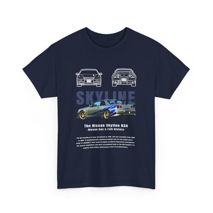 Luxurious men's t-shirt with a captivating Nissan Skyline R34 design on the front, featuring iconic illustrations and striking colours, perfect for showcasing automotive passion.