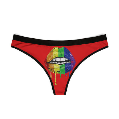 Elegant women's thong designed in striking red, showcasing a whimsical rainbow lip illustration, perfect for adding a touch of fun to intimate moments.