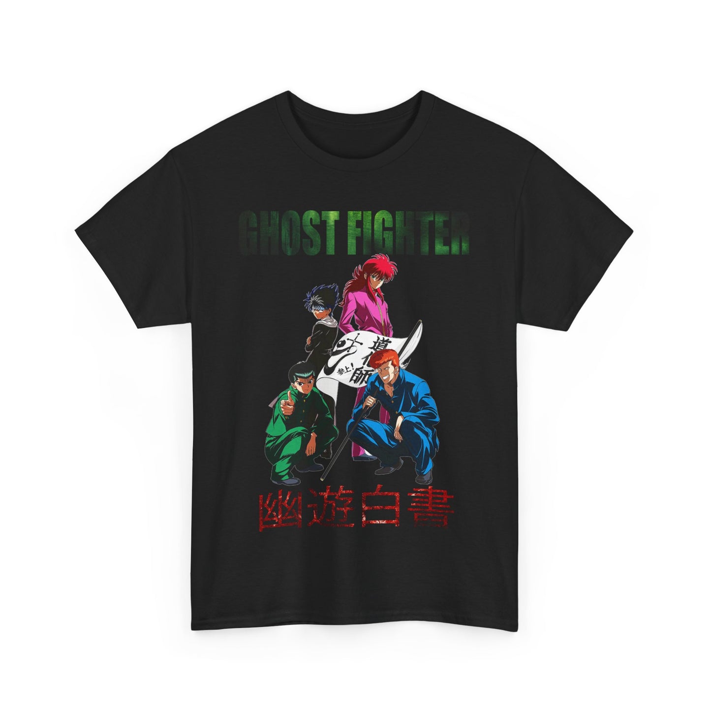 Premium quality Ghost Fighter graphic T-shirt featuring vibrant anime characters in action poses, designed for style and comfort.