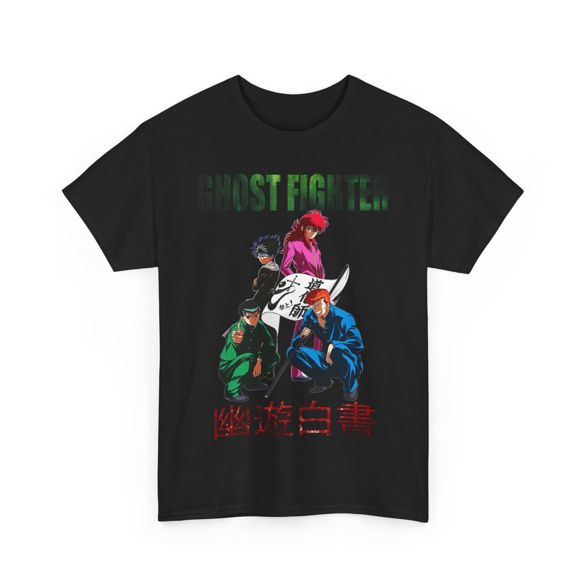 Premium quality Ghost Fighter graphic T-shirt featuring vibrant anime characters in action poses, designed for style and comfort.