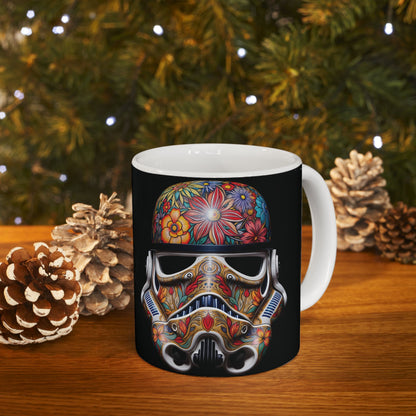 Artistic Floral Stormtrooper Mug displayed on a wooden surface with pine cones, showcasing the unique floral design against a festive backdrop.