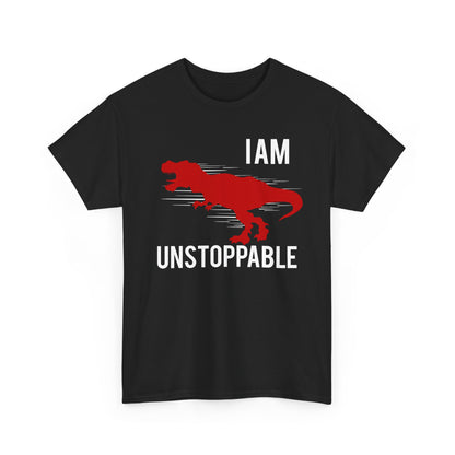 Stylish black men's t-shirt adorned with a vivid red T-Rex design and the powerful phrase 'I AM UNSTOPPABLE', merging artistry with assertiveness.