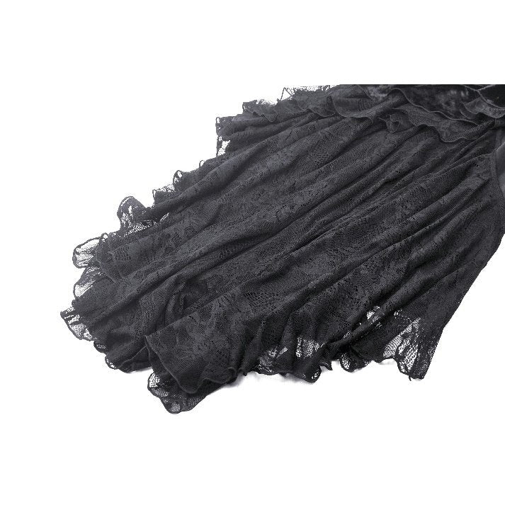 Close-up view of the rich velvet fabric of the Gothic mermaid dress, highlighting the intricate ruffle details and elegant off-shoulder neckline.