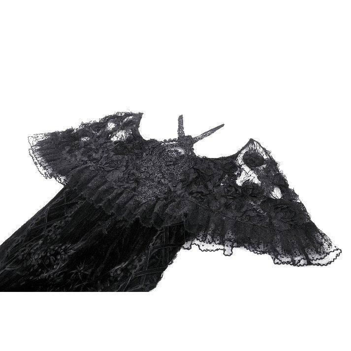 Dark in Love Alazne Dark Rose Embroidered Layered Mermaid Maxi Dress showcasing intricate gothic embroidery and luxurious velvety texture.