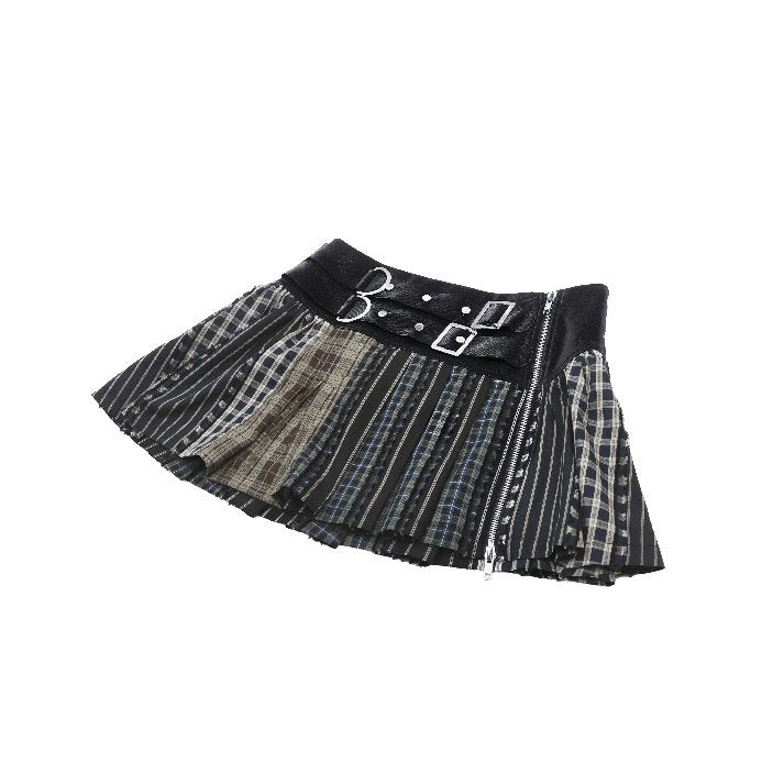 Full-length display of the Dark In Love Sage Patchwork Mini Skirt, capturing its exquisite pleated design and vibrant plaid patterns, perfect for a luxurious alternative fashion statement.