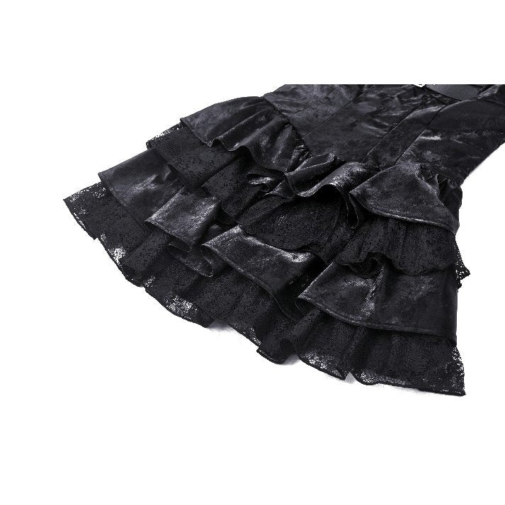 Harriet Punk Shiny PU Leather Layered Dress featuring an elegant corset design and dramatic ruffles, perfect for a luxurious punk fashion statement.